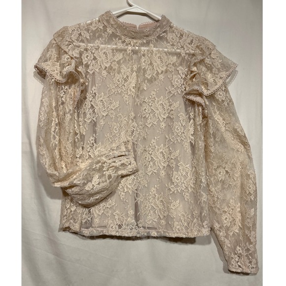 Express Tops - Victorian Beige Floral Lace Ruffle Mock Neck Long Sleeve Blouse Medium Tank